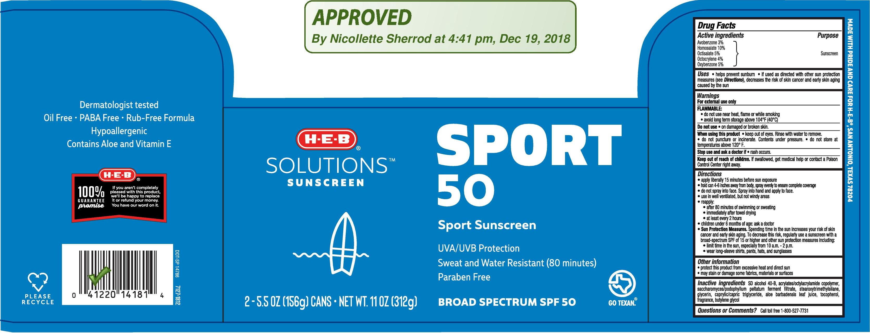 H E B SOLUTIONS SUNSCREEN Sport Spf 50 Continuous Spray Aerosol Spray