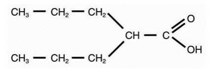 The following structural formula for Valproic acid (pKa 4.8) has a molecular weight of 144 and occurs as a colorless liquid with a characteristic odor. It is slightly soluble in water (1.3 mg/mL) and very soluble in organic solvents.