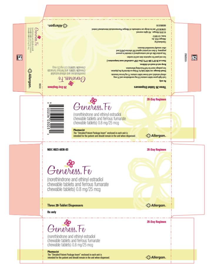 Generess® Fe 
(norethindrone and ethinyl estradiol chewable tablets 
and ferrous fumarate chewable tablets) 0.8 mg/25 mcg
NDC: <a href=/NDC/52544-204-31>52544-204-31</a>
Carton x Three 28-Tablet Dispensers
