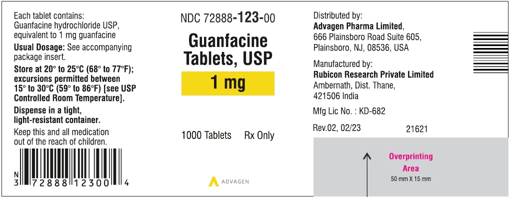 Guanfacine Tablets 1 mg - NDC: <a href=/NDC/72888-123-00>72888-123-00</a> - 1000 Tablets Label