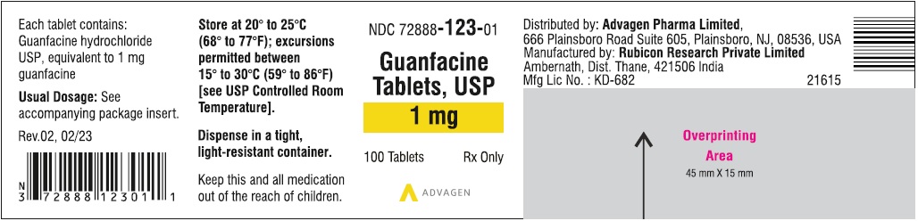 Guanfacine Tablets 1 mg - NDC: <a href=/NDC/72888-123-01>72888-123-01</a> - 100 Tablets Label
