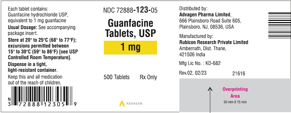 Guanfacine Tablets 1 mg - NDC: <a href=/NDC/72888-123-05>72888-123-05</a> - 500 Tablets Label