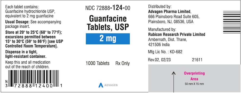 Guanfacine Tablets 2 mg - NDC: <a href=/NDC/72888-124-00>72888-124-00</a> - 1000 Tablets Label