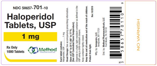 PRINCIPAL DISPLAY PANEL
NDC: <a href=/NDC/58657-701-10>58657-701-10</a>
Haloperidol 
Tablets, USP
1 mg
Rx Only
1000 Tablets
