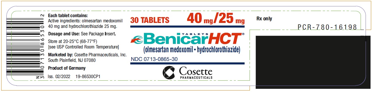 PRINCIPAL DISPLAY PANEL NDC: <a href=/NDC/0713-0865-30>0713-0865-30</a> TABLETS Benicar HCT (olmesartan medoxomil and hydrochlorothiazide) 40 mg / 25 mg 30 TABLETS Rx only