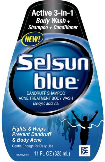PRINCIPAL DISPLAY PANEL
Active 3-in-1
Body Wash +
Shampoo + Conditioner
Selsun
blue
DANDRUFF SHAMPOO
ACNE TREATMENT BODY WASH
Salicylic acid 2%
11 FL OZ (325 mL)
