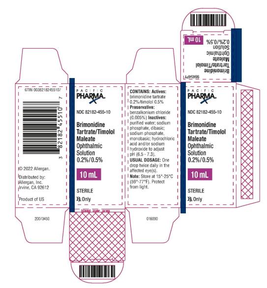 PRINCIPAL DISPLAY PANEL
NDC: <a href=/NDC/82182-455-10>82182-455-10</a>
Brimonidine Tartrate/Timolol Maleate
Ophthalmic Solution 0.2%/0.5%
10 mL
STERILE
Rx Only
PACIFIC PHARMA