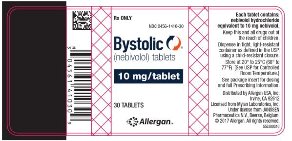 PRINCIPAL DISPLAY PANEL
PACKAGE LABEL - PRINCIPAL DISPLAY PANEL - 10 MG 30 TABLETS LABEL 
Rx ONLY
NDC: <a href=/NDC/0456-1410-30>0456-1410-30</a> 
Bystolic®
(nebivolol) tablets 
10 mg/tablet
30 TABLETS
Allergan™
