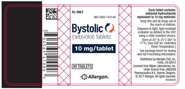 PRINCIPAL DISPLAY PANEL
PACKAGE LABEL - PRINCIPAL DISPLAY PANEL - 10 MG 90 TABLETS LABEL 
Rx ONLY
NDC: <a href=/NDC/0456-1410-90>0456-1410-90</a> 
Bystolic®
(nebivolol) tablets 
10 mg/tablet
90 TABLETS
Allergan™
