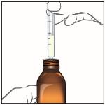 6. When you have measured the correct dose of EPIDIOLEX, leave the oral syringe in the bottle adapter and turn the bottle right side up.