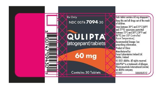 PRINCIPAL DISPLAY PANEL
NDC: <a href=/NDC/0074-7096-30>0074-7096-30</a>
Rx Only
QULIPTA®
(atogepant) tablets

30 mg
Contains 30 Tablets
