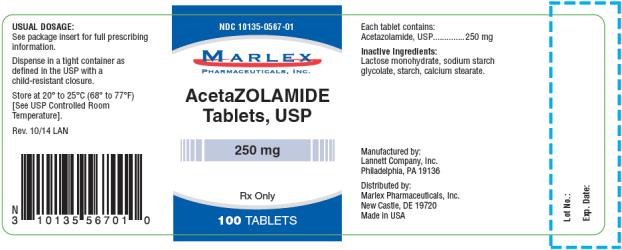 PRINCIPAL DISPLAY PANEL
NDC: <a href=/NDC/10135-0567-0>10135-0567-0</a>1
AcetaZOLAMIDE
Tablets, USP
250 mg
Rx Only
100 TABLETS
