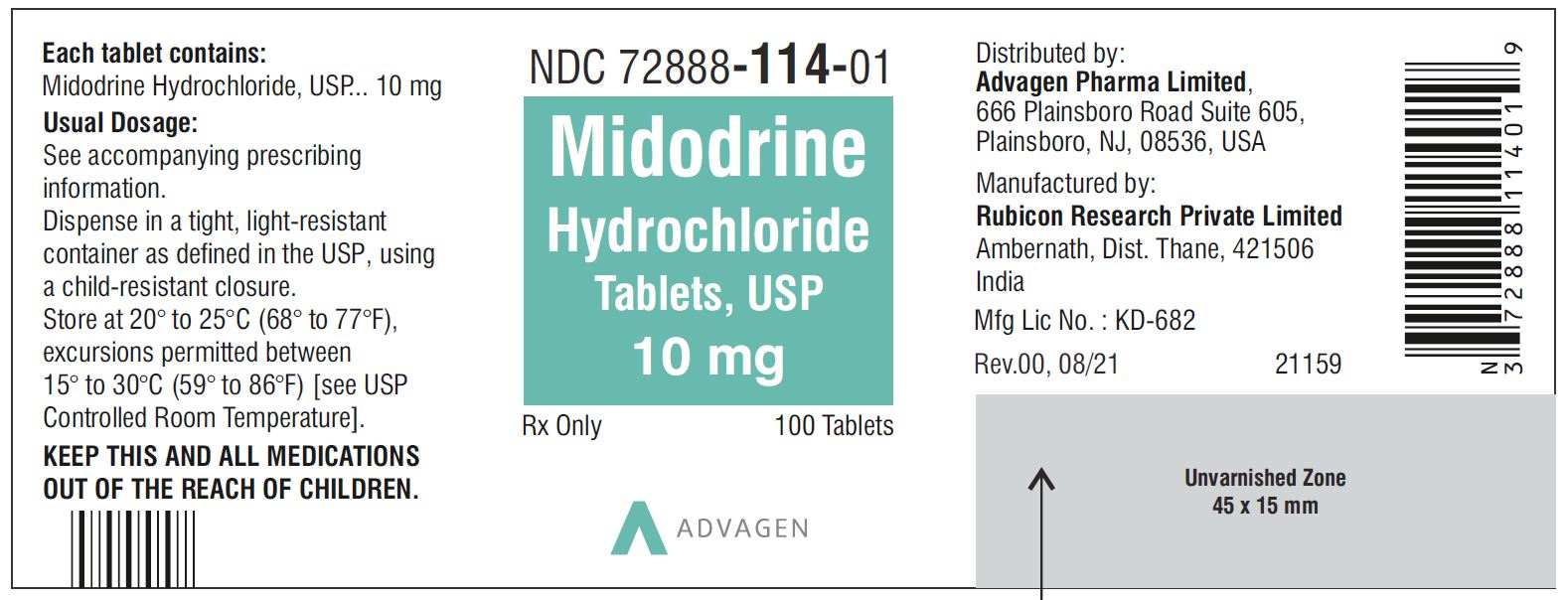 Midodrine Hydrochloride Tablets, USP 10mg - 100 Tablets - NDC: <a href=/NDC/72888-114-01>72888-114-01</a>
