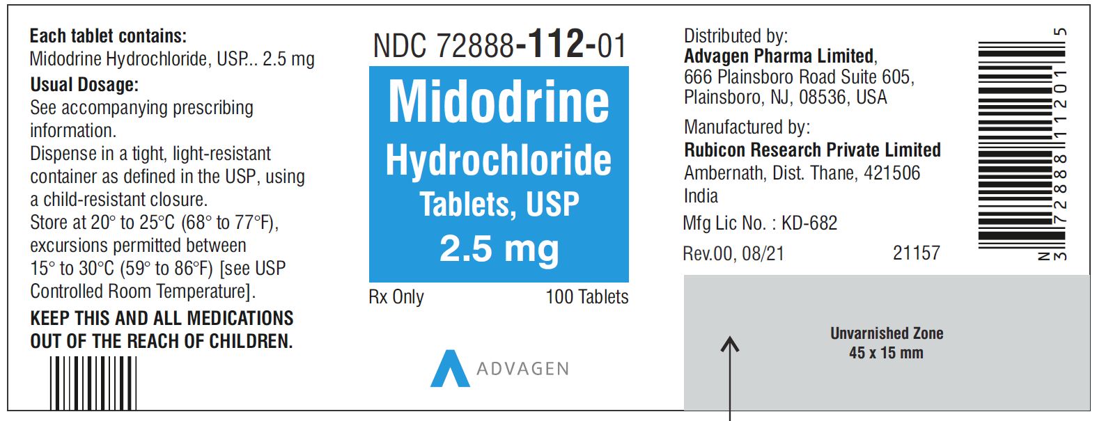 Midodrine Hydrochloride Tablets, USP 2.5mg - 100 Tablets - NDC: <a href=/NDC/72888-112-01>72888-112-01</a>