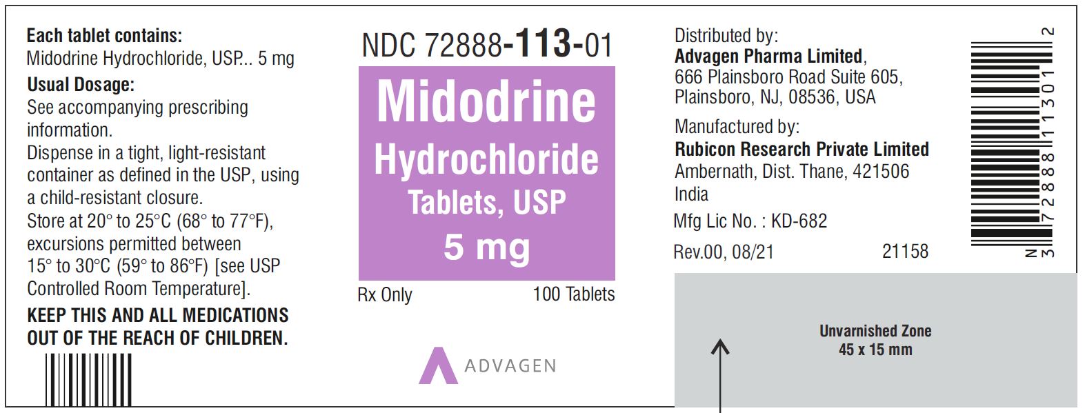 Midodrine Hydrochloride Tablets, USP 5mg - 100 Tablets - NDC: <a href=/NDC/72888-113-01>72888-113-01</a>