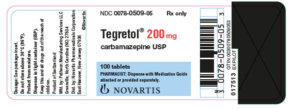 PRINCIPAL DISPLAY PANEL
Package Label – 200 mg
Rx Only		NDC: <a href=/NDC/0078-0509-05>0078-0509-05</a>
Tegretol® 200 mg
carbamazepine USP
100 Tablets
PHARMACIST: Dispense with Medication Guide 
attached or provided separately.
