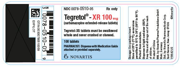 PRINCIPAL DISPLAY PANEL
Package Label – XR 100 mg
Rx Only		NDC: <a href=/NDC/0078-0510-05>0078-0510-05</a>
Tegretol® XR 100 mg
(carbamazepine extended-release tablets)
Tegretol-XR tablets must be swallowed
whole and never crushed or chewed.
100 tablets
PHARMACIST: Dispense with Medication Guide 
attached or provided separately.
