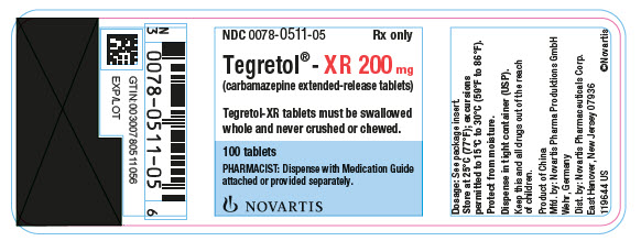 PRINCIPAL DISPLAY PANEL
Package Label – XR 200 mg
Rx Only		NDC: <a href=/NDC/0078-0511-05>0078-0511-05</a>
Tegretol® XR 200 mg
(carbamazepine extended-release tablets)
Tegretol-XR tablets must be swallowed
whole and never crushed or chewed.
100 tablets
PHARMACIST: Dispense with Medication Guide 
attached or provided separately.
