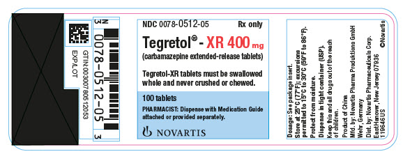 PRINCIPAL DISPLAY PANEL
Package Label – XR 400 mg
Rx Only		NDC: <a href=/NDC/0078-0512-05>0078-0512-05</a>
Tegretol® XR 400 mg
(carbamazepine extended-release tablets)
Tegretol-XR tablets must be swallowed
whole and never crushed or chewed.
100 tablets
PHARMACIST: Dispense with Medication Guide 
attached or provided separately.
