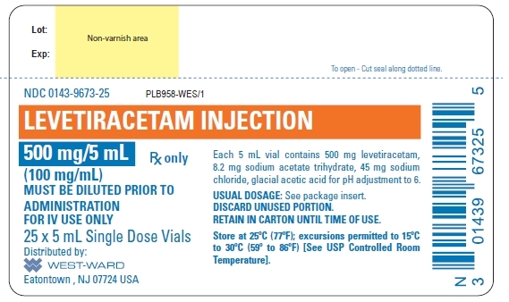 NDC: <a href=/NDC/0143-9673-25>0143-9673-25</a> LEVETIRACETAM INJECTION 500 mg/5 mL (100 mg/mL) Rx only MUST BE DILUTED PRIOR TO ADMINISTRATION FOR IV USE ONLY 25 x 5 mL Single Dose Vials Each 5 mL vial contains 500 mg levetiracetam, 8.2 mg sodium acetate trihydrate, 45 mg sodium chloride, glacial acetic acid for pH adjustment to 6. USUAL DOSAGE: See package insert. DISCARD UNUSED PORTION. RETAIN IN CARTON UNTIL TIME OF USE. Store at 25ºC (77ºF); excursions permitted to 15ºC to 30ºC (59º to 86ºF) [See USP Controlled Room Temperature].
