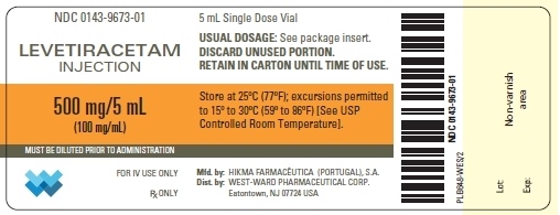 NDC: <a href=/NDC/0143-9673-01>0143-9673-01</a> LEVETIRACETAM INJECTION 500 mg/5 mL (100 mg/mL) MUST BE DILUTED PRIOR TO ADMINISTRATION FOR IV USE ONLY Rx ONLY 5 mL Single Dose Vial USUAL DOSAGE: See package insert. DISCARD UNUSED PORTION. RETAIN IN CARTON UNTIL TIME OF USE. Store at 25ºC (77ºF); excursions permitted to 15º to 30ºC (59º to 86ºF) [See USP Controlled Room Temperature].