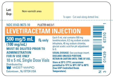 NDC: <a href=/NDC/0143-9673-10>0143-9673-10</a> LEVETIRACETAM INJECTION 500 mg/5 mL (100 mg/mL) Rx only MUST BE DILUTED PRIOR TO ADMINISTRATION FOR IV USE ONLY 10 x 5 mL Single Dose Vials Each 5 mL vial contains 500 mg levetiracetam, 8.2 mg sodium acetate trihydrate, 45 mg sodium chloride, glacial acetic acid for pH adjustment to 6. USUAL DOSAGE: See package insert. DISCARD UNUSED PORTION. RETAIN IN CARTON UNTIL TIME OF USE. Store at 25ºC (77ºF); excursions permitted to 15ºC to 30ºC (59º to 86ºF) [See USP Controlled Room Temperature].