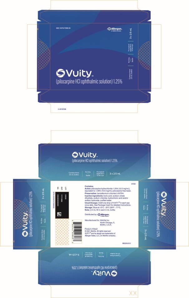 NDC: <a href=/NDC/0074-7098-03>0074-7098-03</a>
Vuity™ 
(pilocarpine HCI ophthalmic solution) 1.25%
Contains three 
2.5 mL bottles
Rx Only
Sterile
For topical 
application 
in the eye
3 x 2.5 mL
Allergan™
An AbbVie company
