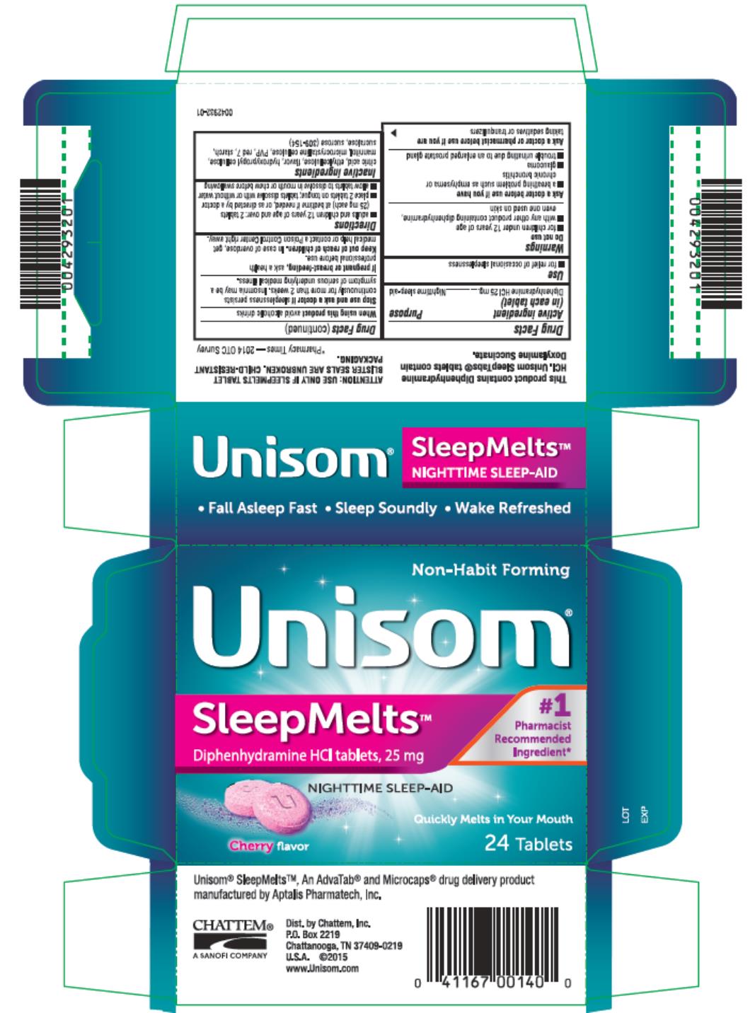 Unisom®
SleepMeltsTM 
Diphenhydramine HCI tablets, 25 mg
NIGHTTIME SLEEP-AID
24 QuickMelt Tablets
