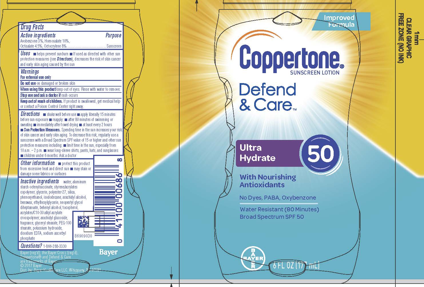 Coppertone Defend & Care  bottle label