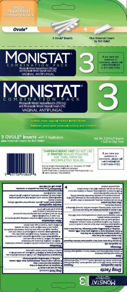PRINCIPAL DISPLAY PANEL
MONISTAT® 3 COMBINATION PACK
Miconazole Nitrate Vaginal Inserts (200 mg) and Miconazole Nitrate Vaginal Cream (2%) 
VAGINAL ANTIFUNGAL

3 OVULE® Inserts with 3 Applicators (Net Wt. 3 OVULE® Inserts) 
plus External Cream for Itch Relief (0.32 oz (9 g) Tube
