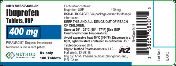 PRINCIPAL DISPLAY PANEL
NDC: <a href=/NDC/58657-680-01>58657-680-01</a>
Ibuprofen
Tablets, USP
400 mg
Rx Only
100 Tablets 
