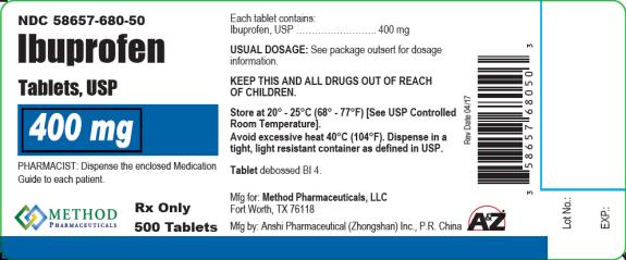 PRINCIPAL DISPLAY PANEL
NDC: <a href=/NDC/58657-680-50>58657-680-50</a>
Ibuprofen
Tablets, USP
400 mg
Rx Only
500 Tablets 
