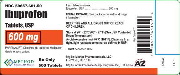 PRINCIPAL DISPLAY PANEL
NDC: <a href=/NDC/58657-681-50>58657-681-50</a>
Ibuprofen
Tablets, USP
600 mg
Rx Only
500 Tablets 
