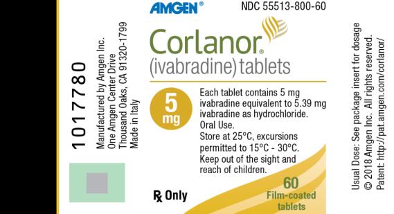 NDC: <a href=/NDC/55513-800-60>55513-800-60</a>
AMGEN®
Corlanor®
(ivabradine) tablets
5 mg
Each tablet contains 5 mg ivabradine equivalent to 5.39 mg ivabradine as hydrochloride.
Oral Use.
Store at 25°C, excursions permitted to 15°C - 30°C.
Keep out of the sight and reach of children.
Rx Only
60 Film-coated tablets
Usual Dose: See package insert for dosage
© 2018 Amgen Inc. All rights reserved.
Patent: http://pat.amgen.com/corlanor/
Manufactured by Amgen Inc.
One Amgen Center Drive
Thousand Oaks, CA 91320-1799
Made in Italy
