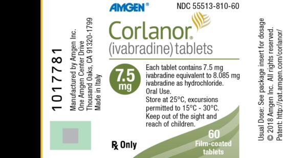 NDC: <a href=/NDC/55513-810-60>55513-810-60</a>
AMGEN®
Corlanor®
(ivabradine) tablets
7.5 mg
Each tablet contains 7.5 mg ivabradine equivalent to 8.085 mg ivabradine as hydrochloride.
Oral Use.
Store at 25°C, excursions permitted to 15°C - 30°C.
Keep out of the sight and reach of children.
Rx Only
60 Film-coated tablets
Usual Dose: See package insert for dosage
© 2018 Amgen Inc. All rights reserved.
Patent: http://pat.amgen.com/corlanor/
Manufactured by Amgen Inc.
One Amgen Center Drive
Thousand Oaks, CA 91320-1799
Made in Italy
