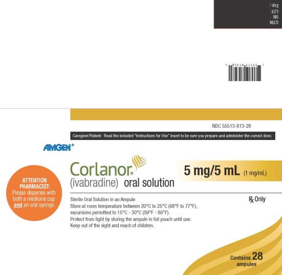 NDC: <a href=/NDC/55513-813-28>55513-813-28</a>
Caregiver/Patient: Read the included “Instructions for Use” insert to be sure you prepare and administer the correct dose.
AMGEN®
Corlanor®
(ivabradine) oral solution 
5 mg/5 mL (1 mg/mL)
ATTENTION PHARMACIST: Please dispense with both a medicine cup and an oral syringe.
Sterile Oral Solution in an Ampule
Store at room temperature between 20°C to 25°C (68°F to 77°F),
excursions permitted to 15°C - 30°C (59°F - 86°F).
Protect from light by storing the ampule in foil pouch until use.
Keep out of the sight and reach of children.
Rx Only
Contains 28 ampules
