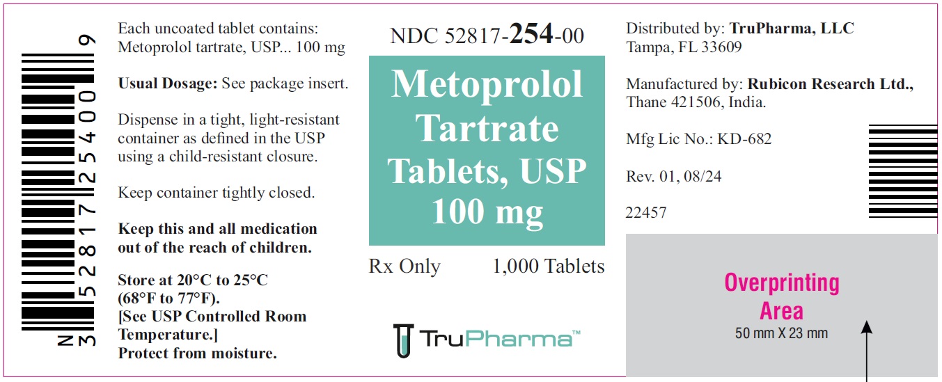 Metoprolol Tartrate Tablets, USP 100 mg - NDC: <a href=/NDC/52817-254-00>52817-254-00</a> - 1000s Bottle Label