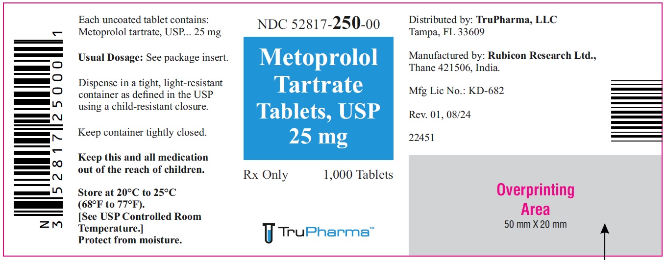 Metoprolol Tartrate Tablets, USP 25 mg - NDC: <a href=/NDC/52817-250-00>52817-250-00</a> - 1000s Bottle Label