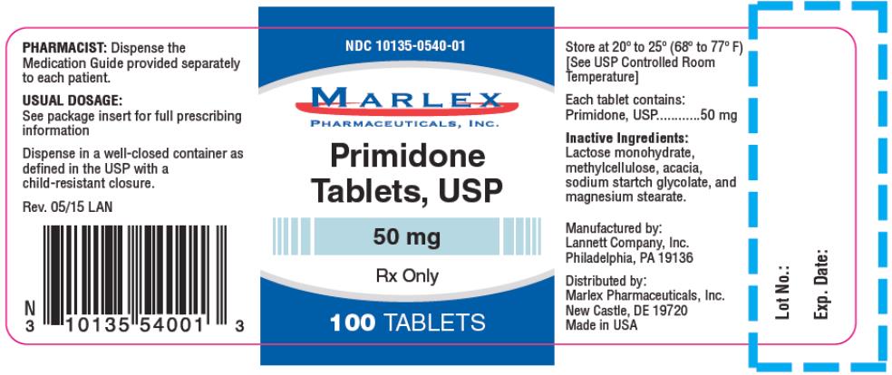 PRINCIPAL DISPLAY PANEL
NDC: <a href=/NDC/10135-0540-0>10135-0540-0</a>1
Primidone
Tablets, USP
50 mg
Rx Only
100 TABLETS
