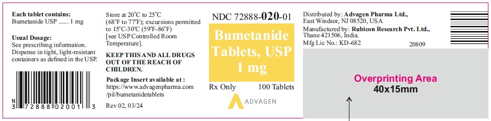 PRINCIPAL DISPLAY PANEL - Bumetanide Tablets USP 1 mg - 100 Counts Bottle