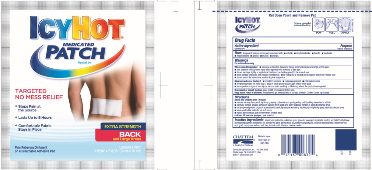 Principal Display Panel
ICY HOT®  
MEDICATED 
PATCH
Menthol 5%
EXTRA STRENGTH
BACK
and Large Areas
Contains 1 Patches
3-15/7” x 7-13/16” (10 cm x 20 cm) each
