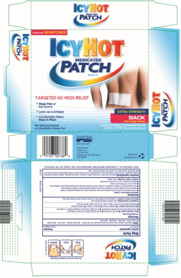 Principal Display Panel
ICY HOT®  
MEDICATED 
PATCH
Menthol 5%
EXTRA STRENGTH
BACK
and Large Areas
Contains 10 Patches in 2 Resalable pouches 
3-15/16” x 7-13/16” (10 cm x 20 cm) each
