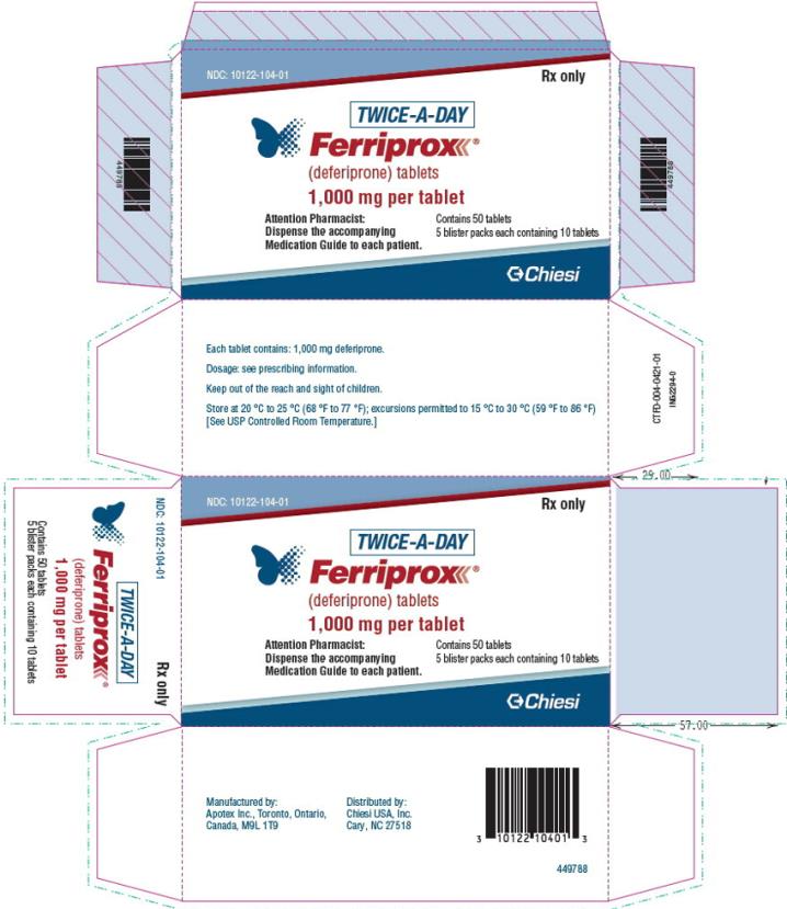 Chiesi USA, Inc. NDC: <a href=/NDC/10122-104-01>10122-104-01</a> 
Ferriprox (deferiprone) tablets
1,000 mg 
Rx only
50 Tablets 
