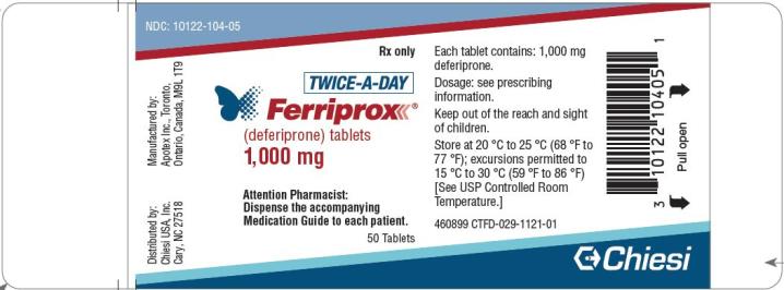 Chiesi USA, Inc. NDC: <a href=/NDC/10122-104-05>10122-104-05</a> 
Ferriprox (deferiprone) tablets
1,000 mg 
Rx only
50 Tablets 
