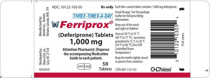 Chiesi USA, Inc. NDC: <a href=/NDC/10122-103-05>10122-103-05</a> 
Ferriprox (deferiprone) tablets
1,000 mg 
Rx only
50 Tablets 

