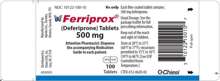 Chiesi USA, Inc. NDC: <a href=/NDC/10122-100-10>10122-100-10</a> 
Ferriprox (deferiprone) tablets
500 mg 
Rx only
100 Tablets 
