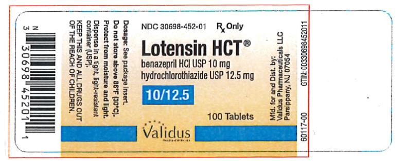 PRINCIPAL DISPLAY PANEL 

10 mg benazepril/12.5 mg hydrochlorothiazide Tablet

NDC: <a href=/NDC/30698-452-01>30698-452-01</a>

Lotensin HCT® 
benazepril HCl USP 10 mg
hydrochlorothiazide USP 12.5 mg

10/12.5 

100 Tablets

Rx Only
