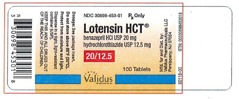 PRINCIPAL DISPLAY PANEL 

20 mg benazepril/12.5 mg hydrochlorothiazide Tablet

NDC: <a href=/NDC/30698-453-01>30698-453-01</a>

Lotensin HCT® 20/12.5
benazepril HCl USP 20 mg
hydrochlorothiazide USP 12.5 mg

20/12.5

100 Tablets

Rx Only
