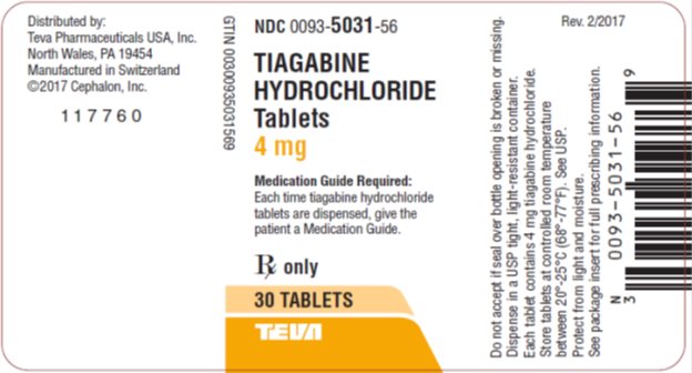 Tiagabine Hydrochloride Tablets 4 mg, 30s Label