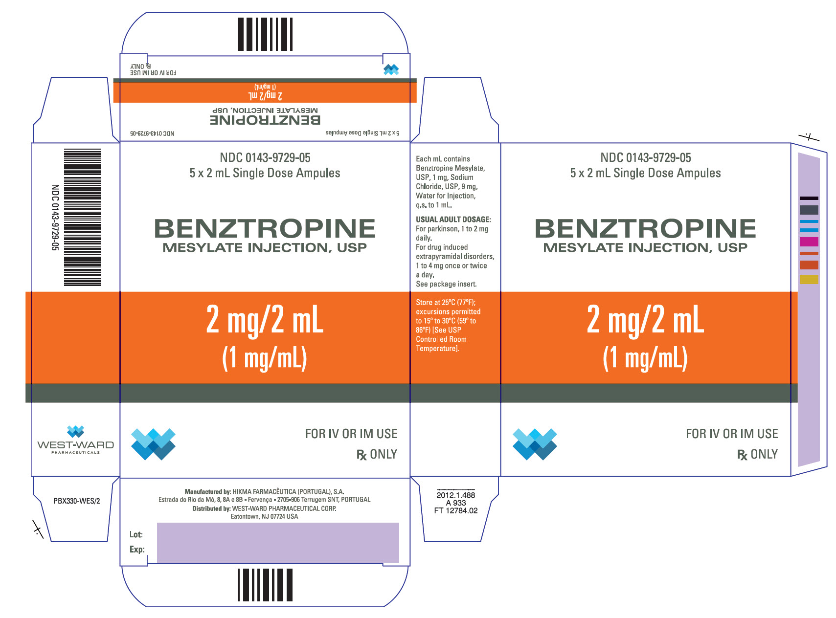 NDC: <a href=/NDC/0143-9729-05>0143-9729-05</a> BENZTROPINE MESYLATE INJECTION, USP 2 mg/2 mL (1 mg/mL) FOR IV OR IM USE Rx ONLY